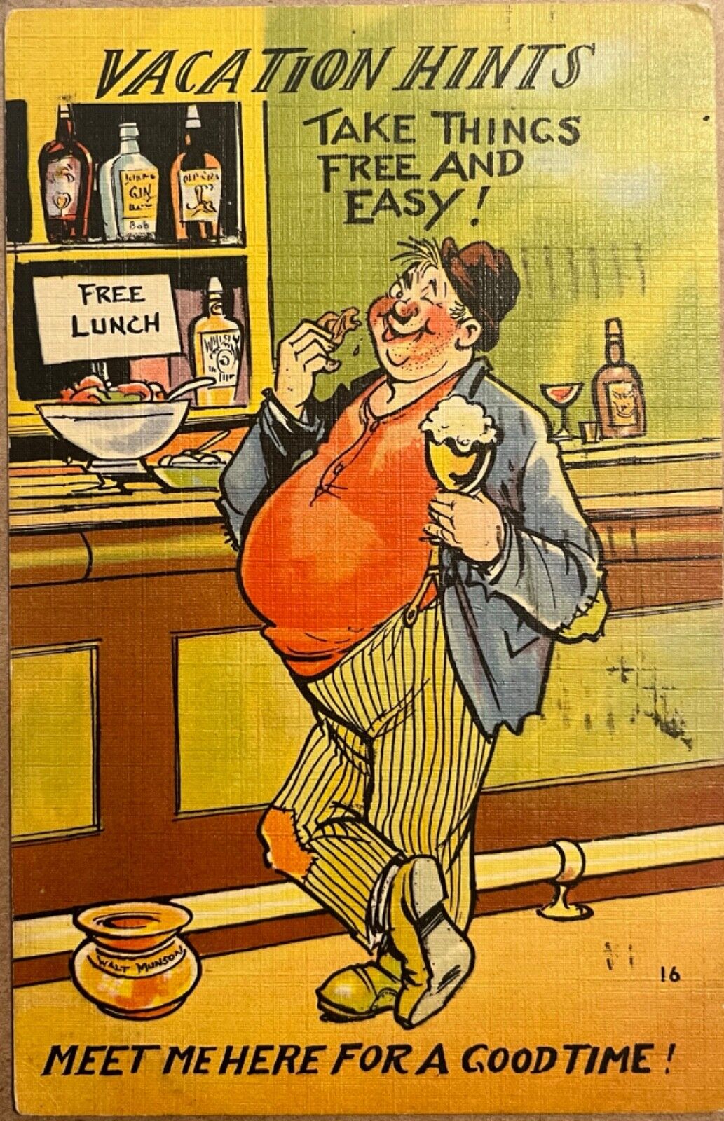 Poor Drunk Man On Vacation Drinking Humor Comic Postcard c1940