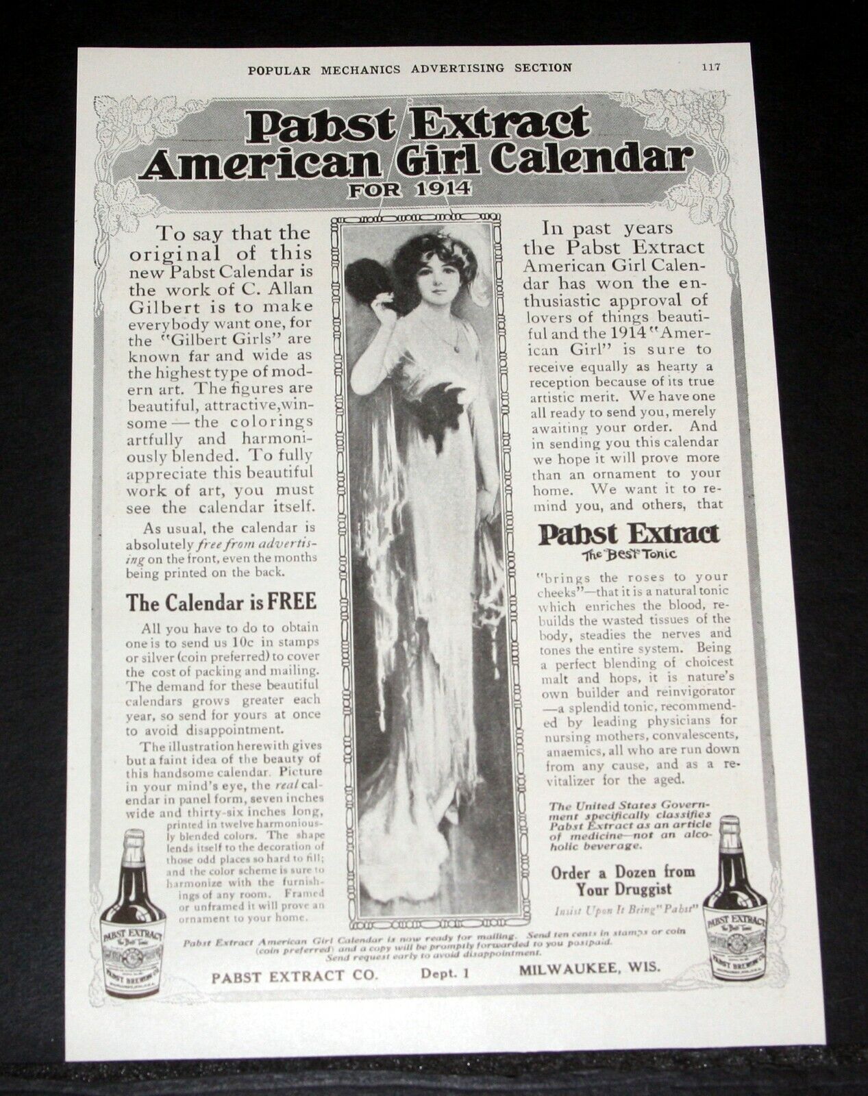 1913 OLD MAGAZINE PRINT AD, PABST EXTRACT CO, AMERICAN GIRL CALENDER FOR 1914