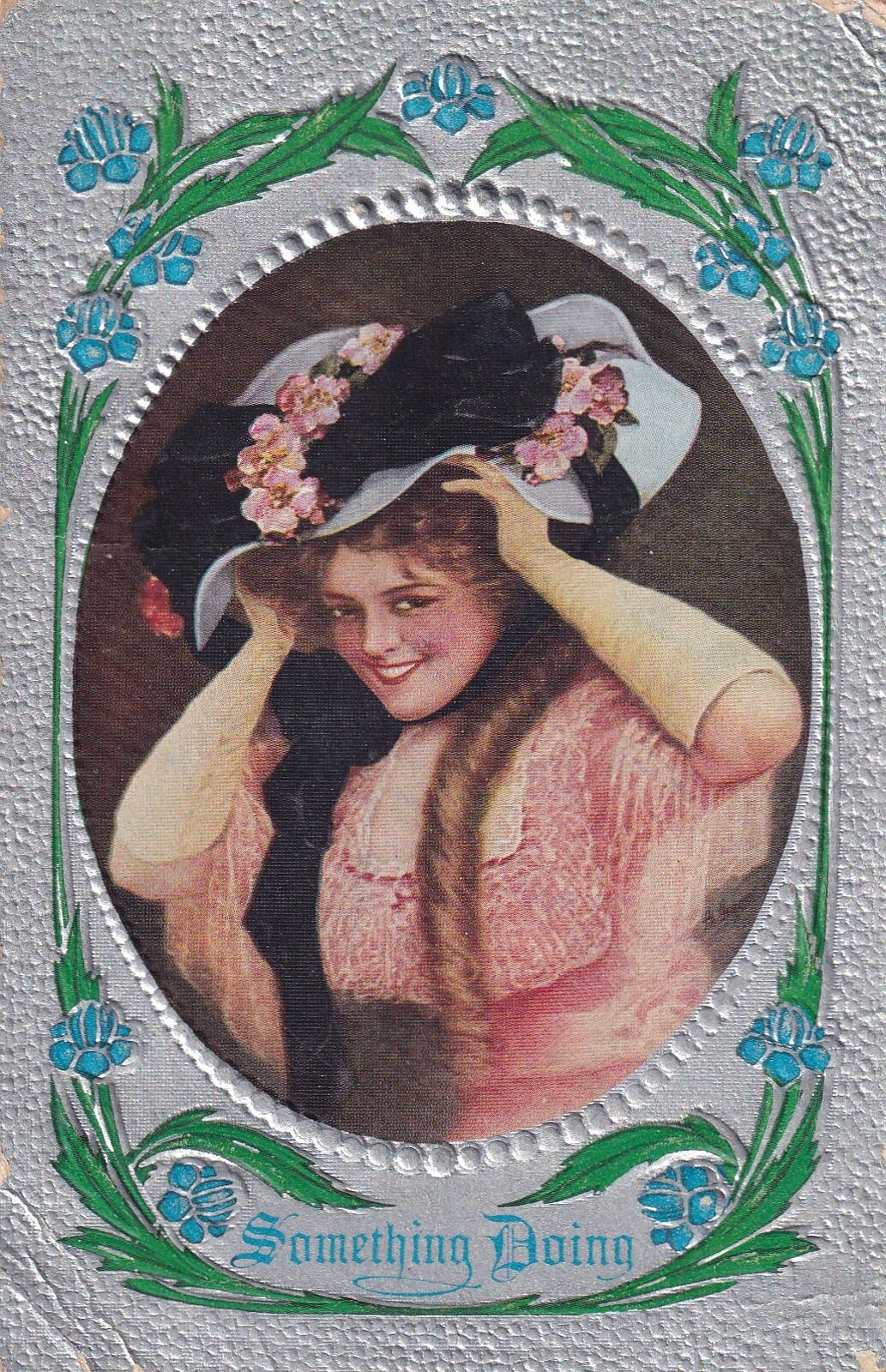 Something Doing Lady Large Hat 1912 Postcard D46