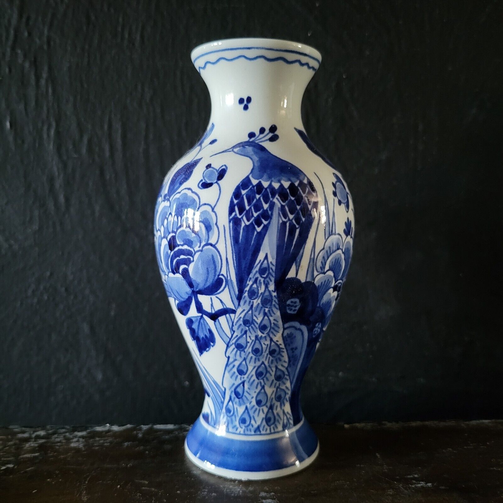 Vintage Royal Delft Blue & White Baluster Vase with Peacock c 1989