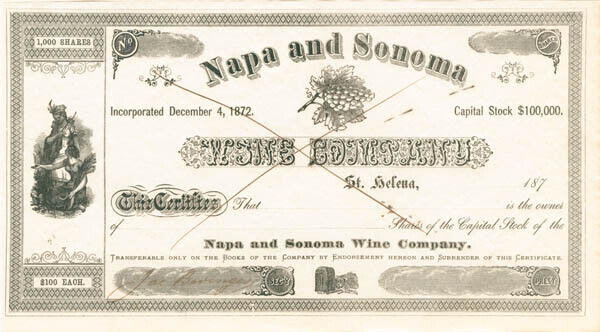 Jacob Beringer Signed Napa and Sonoma Wine Co. - Autographed Stocks & Bonds