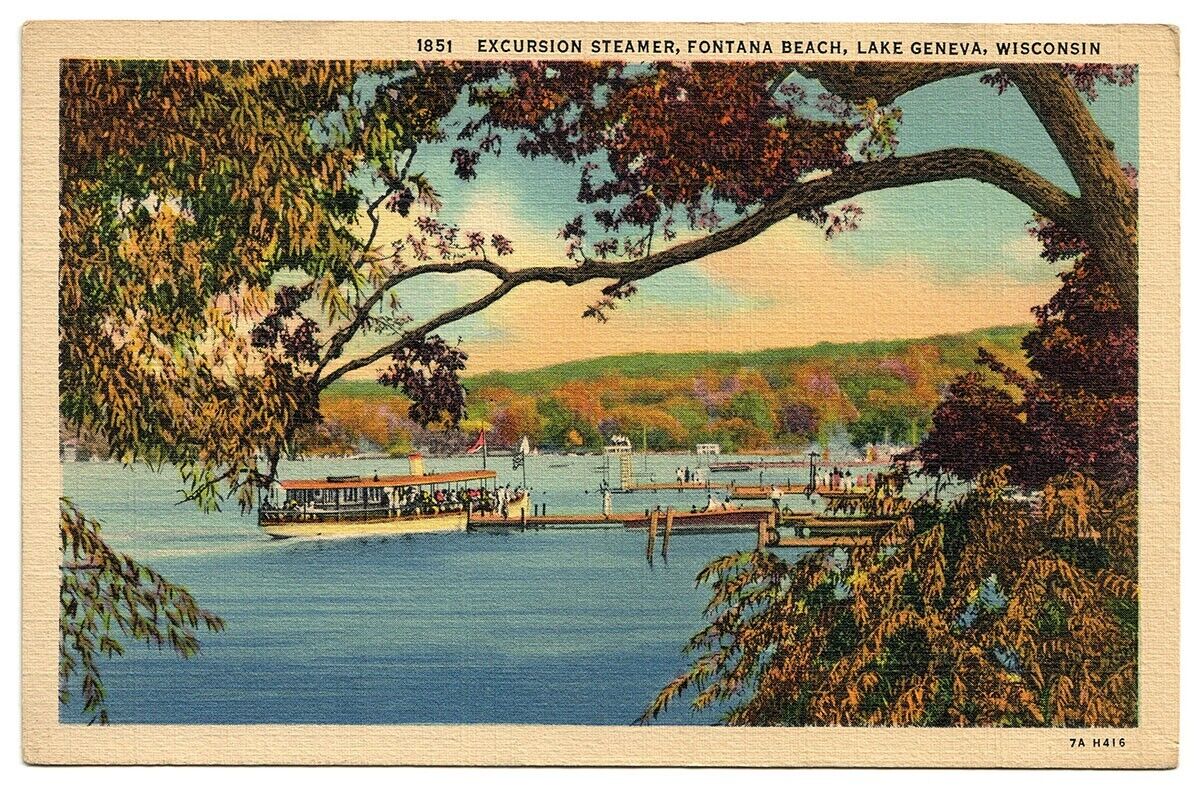 1941 Postcard Excursion Steamer Fontana Beach Lake Geneva Wisconsin WI