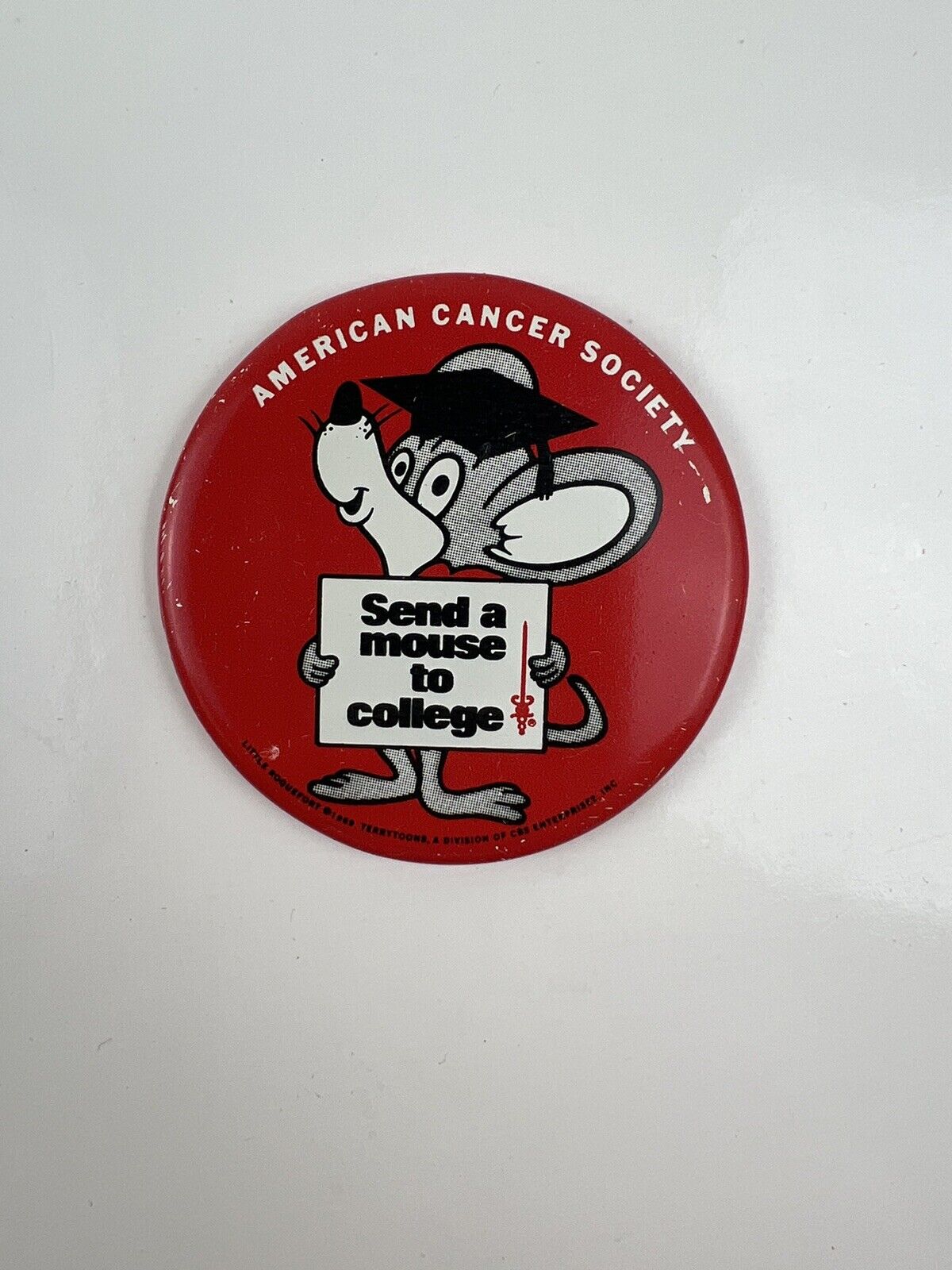 Vintage American Cancer Society Send A Mouse 1969 Souvenir Badge Pin Button