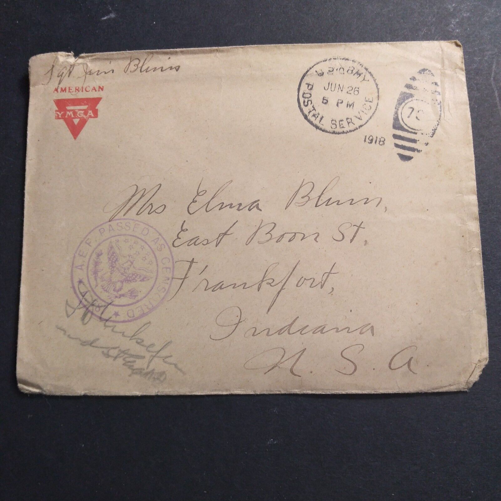 Censered WW1 Soldier\'s Letter Cover From 1918..  YMCA Contributed Stationary..