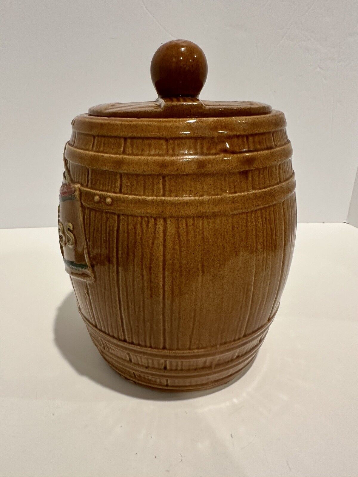 Vintage 1950\'s McCoy Pottery Brown Ceramic Whiskey Barrel Cookie Jar