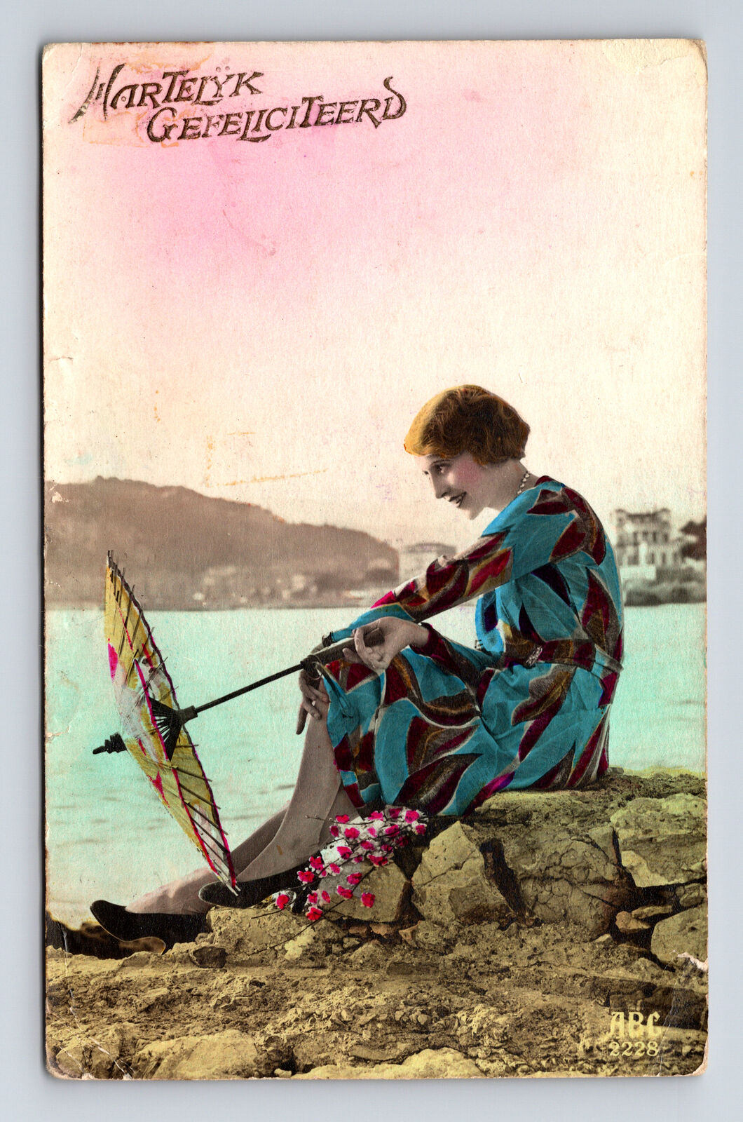 RPPC Hand Colored Woman Flowered Dress Parisol 1930s Fashion Rotterdam Postcard
