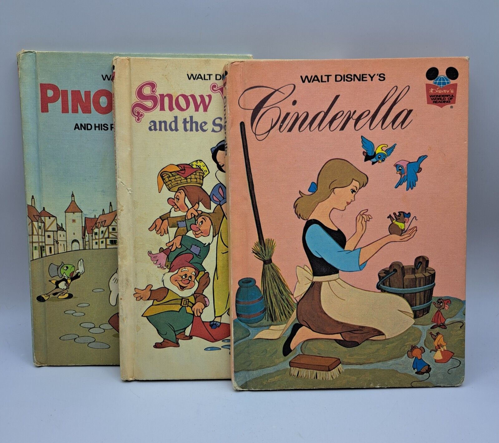 Vintage Lot of 3 1974 Disney Hardcover Books Snow White Pinocchio Cinderella