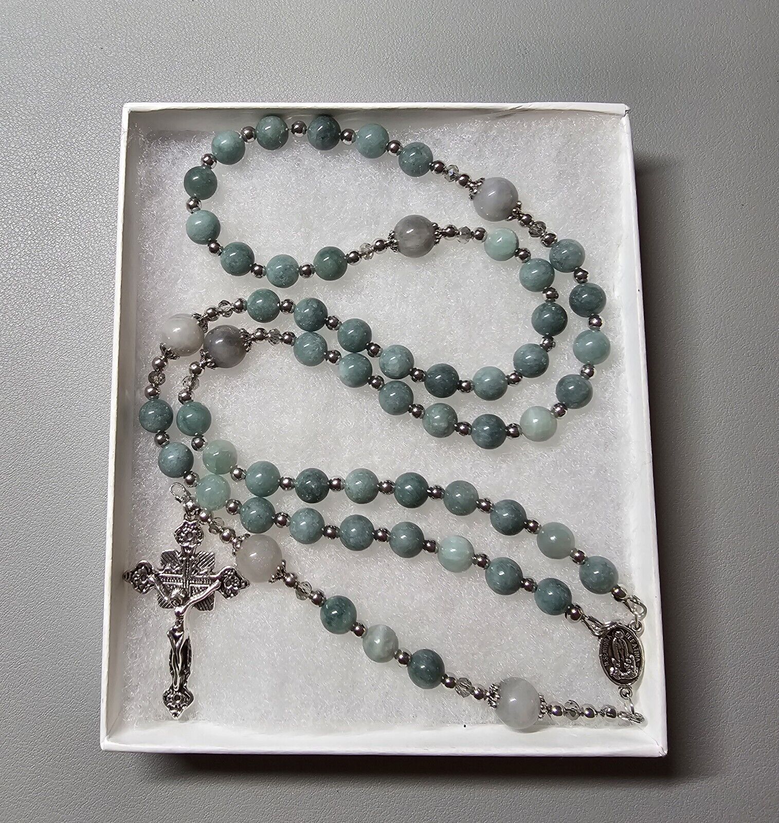 Large One Of A Kind Hand Crafted Rosary Made With Burmese Jade And Cloudy Quartz