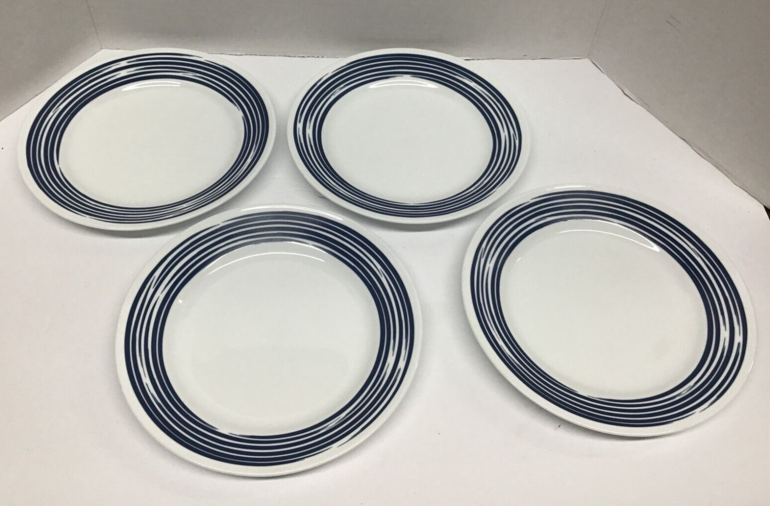 Correlle Vitrelle 8.25 inch Cobalt Blue Multi Ring Trim Salad Plates Set of 4