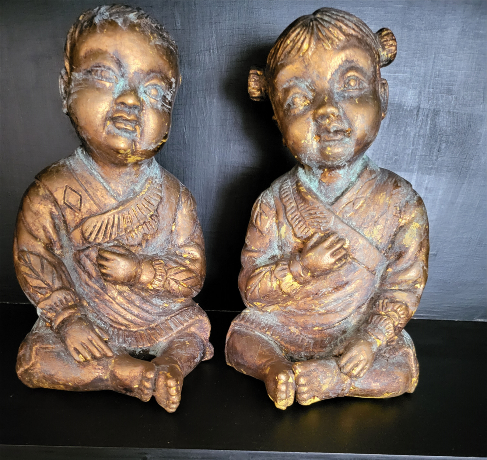 VINTAGE GOLD CHINESE STATUES OF A PAIR BOY & GIRL 11” TALL, 5” WIDE, UP TO 8”