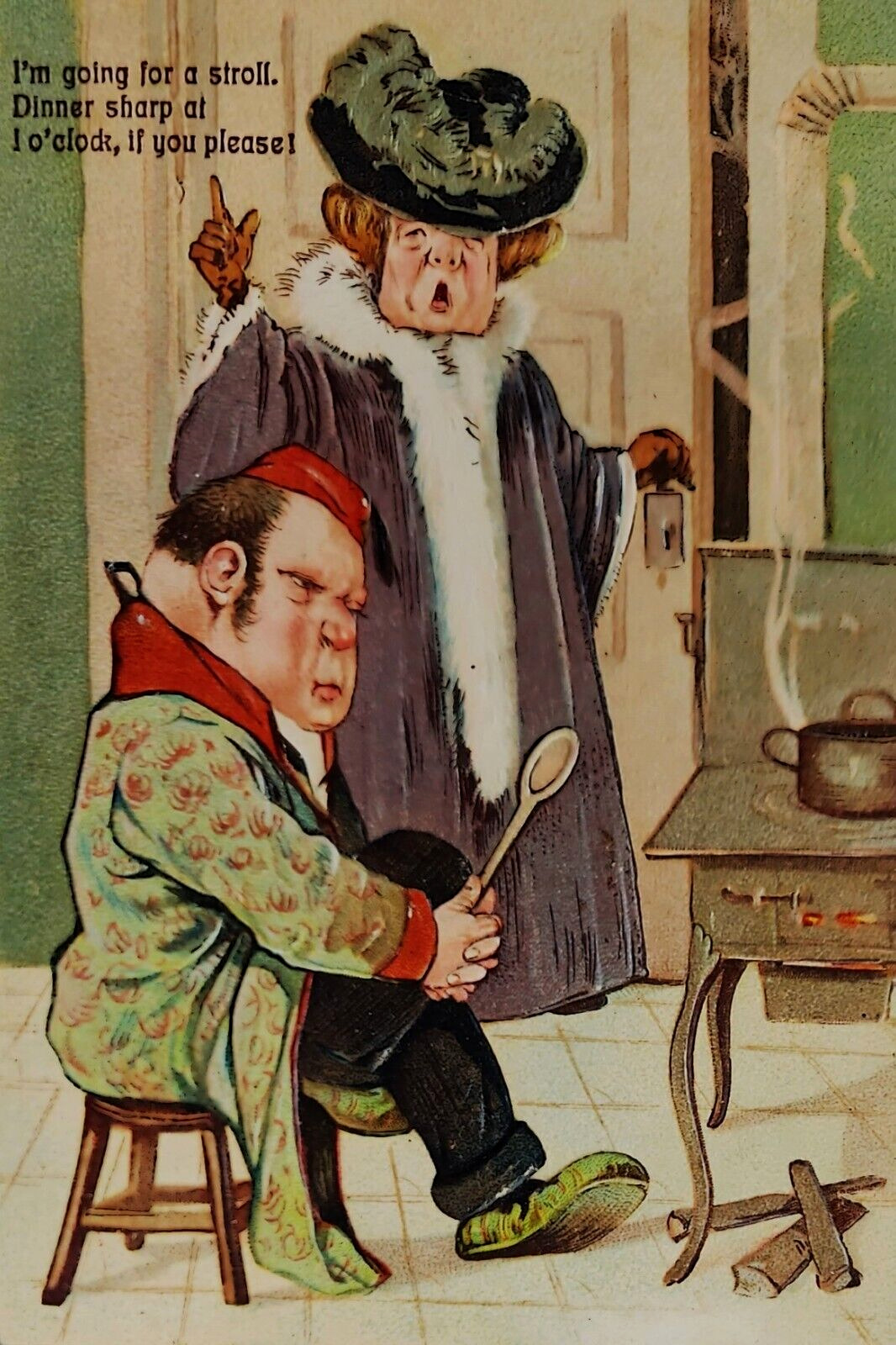 Henpecked Husband Makes Dinner for Fancy Wife. PFB. Embossed. Pre-1915.