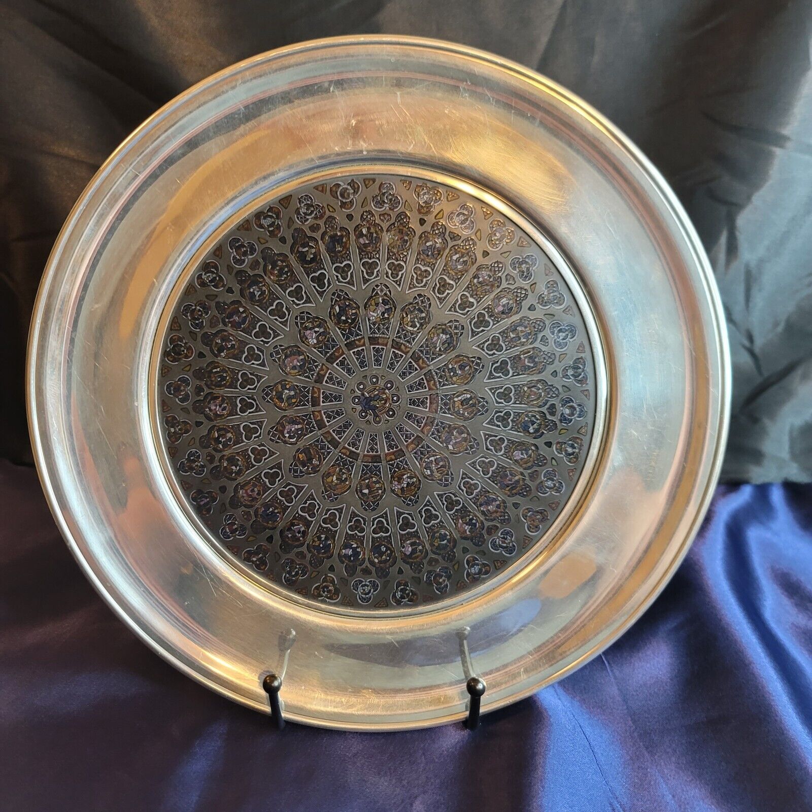 Vtg 1991 US Historical Notre Dame Cathedral Rose Window Glass Pewter Plate