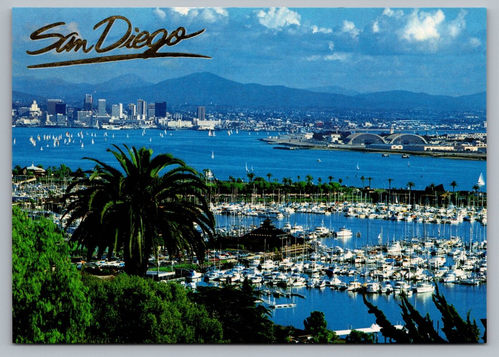 San Diego CA Bay Skyline View Point Loma Shelter North Island Boats Postcard C2
