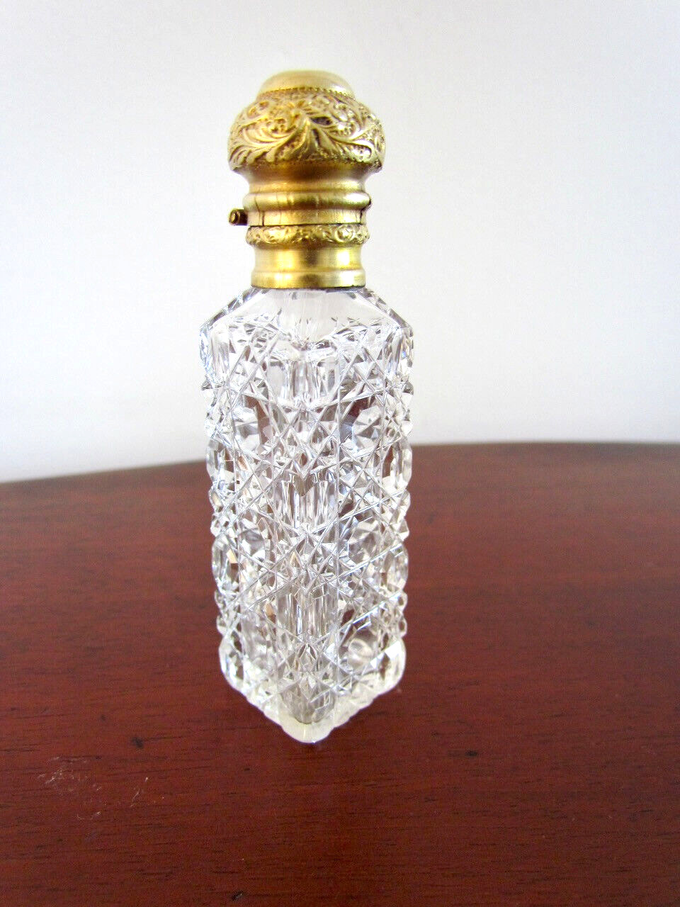 Antique Cut Crystal Perfume Bottle Gold Gilt Top Cap c 1890\'s