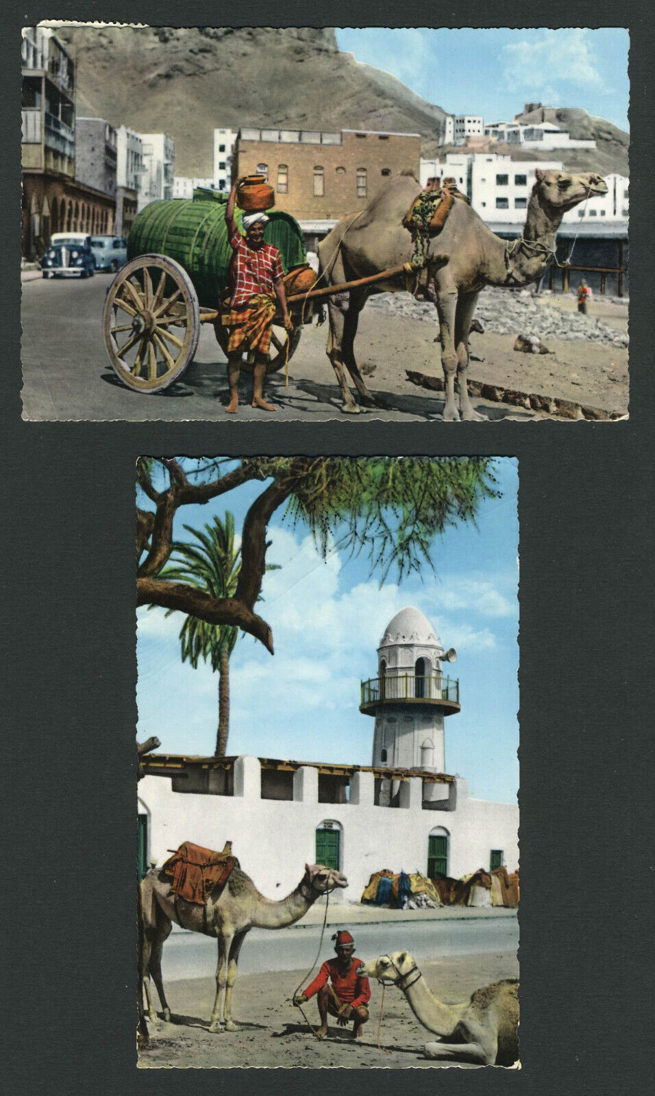 Aden Yemen Two c.1960 Postcards ARAB WATER SELLER, CAMELS OUTSIDE OTHMAN MOSQUE