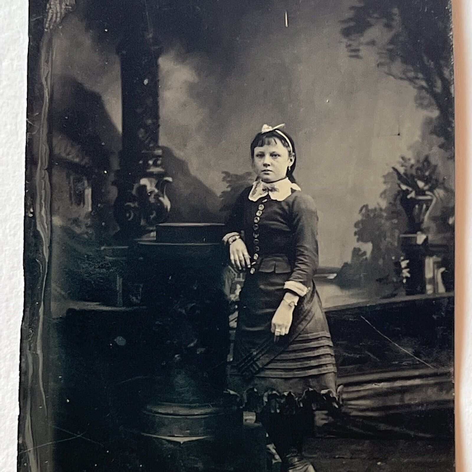 Antique Tintype Photograph Fashionable Young Woman Teen Girl Moody Great Dress