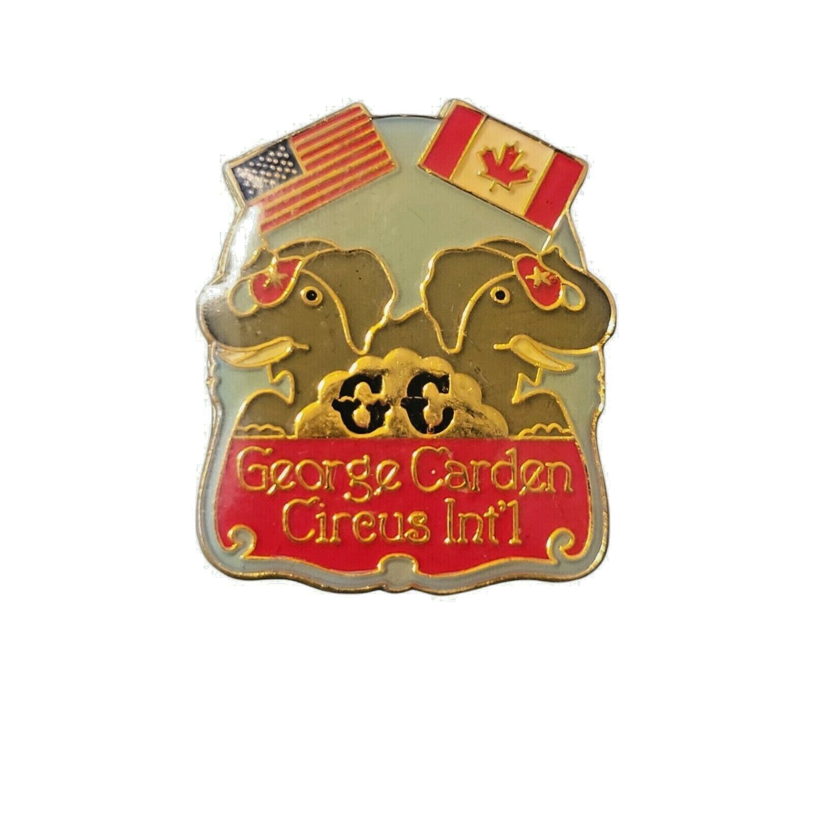 GEORGE CARDEN CIRCUS INT\'L Lapel Pin - Elephants US Canadian Flags