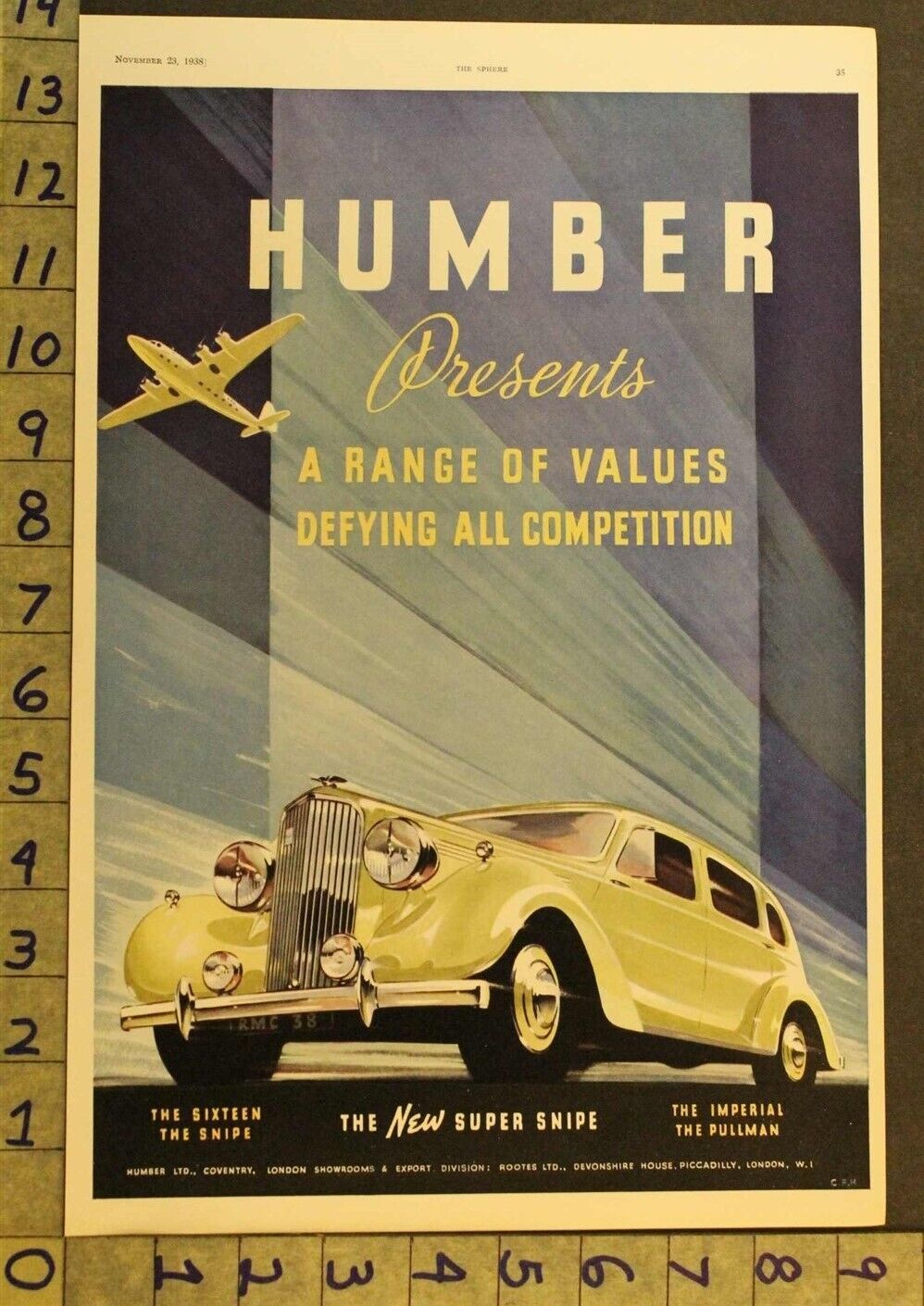 1938 HUMBER SIXTEEN SNIPE IMPERIAL PULLMAN LONDON AVIATION MOTOR CAR AUTO ADUK84
