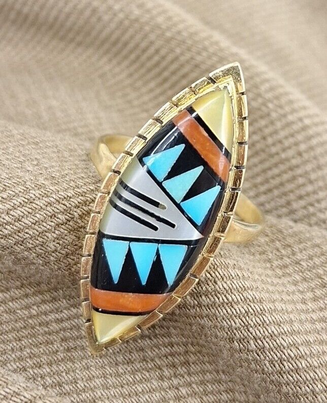 Vtg Native American Zuni 14k Gold Turquoise Coral Onyx MOP Flush Inlay Ring