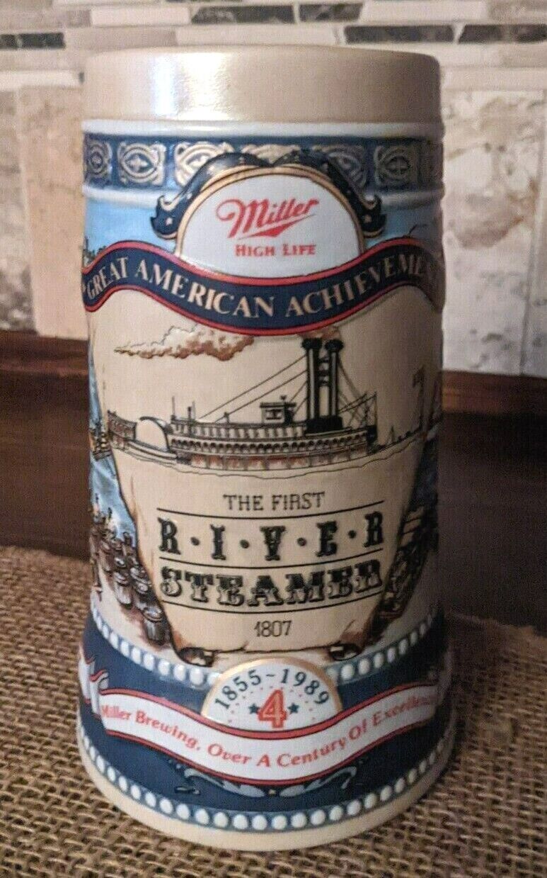 1989 MILLER HIGH LIFE Vintage Beer Stein Mug AMERICAN 1807 River Steamboat