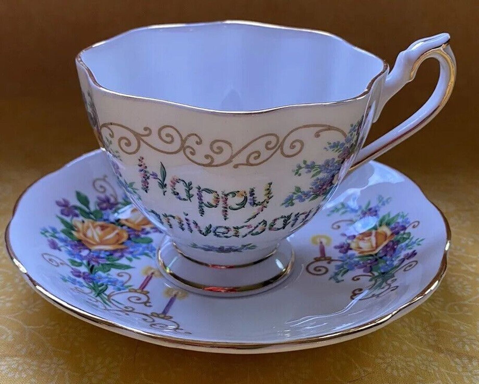 Princess Anne Bone China - Happy Anniversary teacup & saucer - Made In England