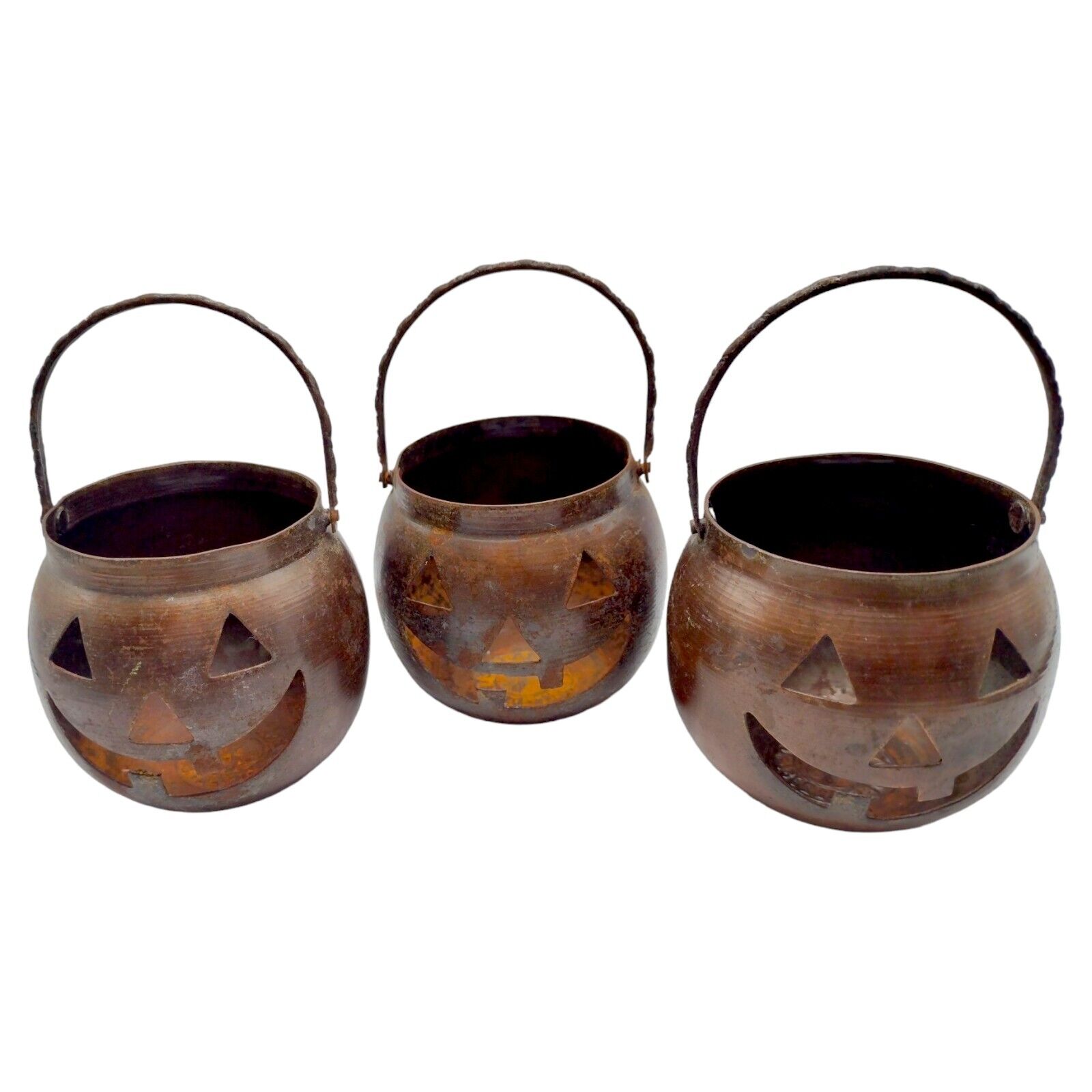 Vintage Hosley Metal Bronze Jack O Lantern Pumpkin Candle Tea Light Holder Set 3
