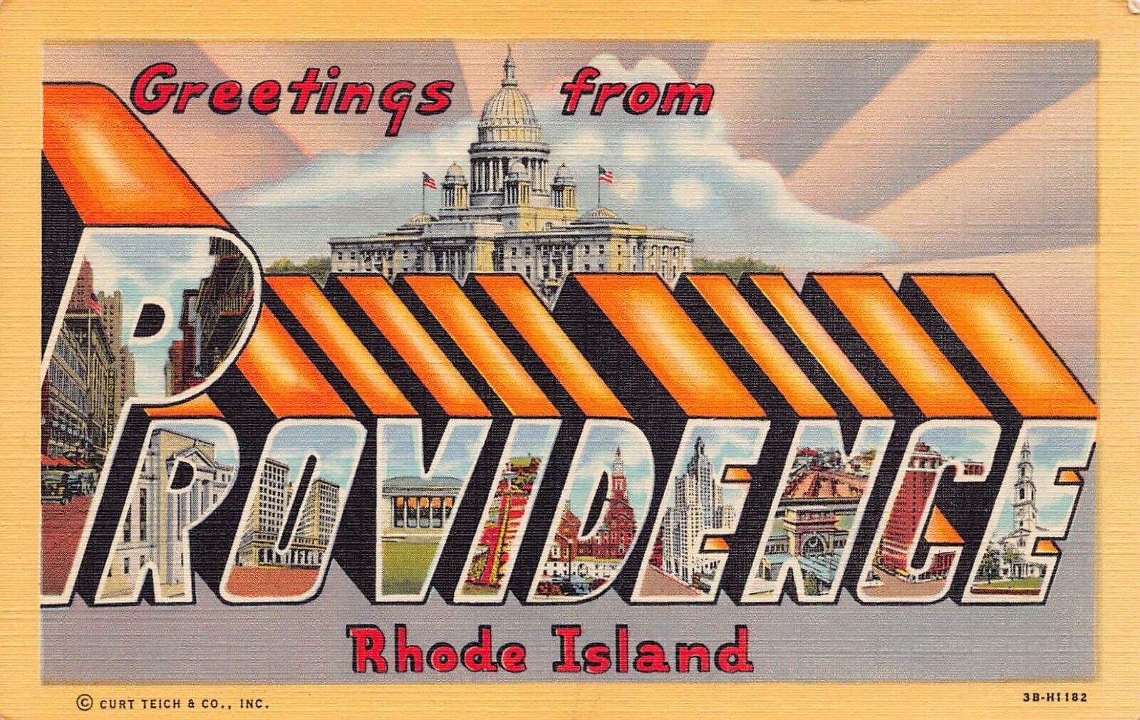 Providence Rhode Island RI Greetings From Large Letter Linen 3B-H1182 Postcard