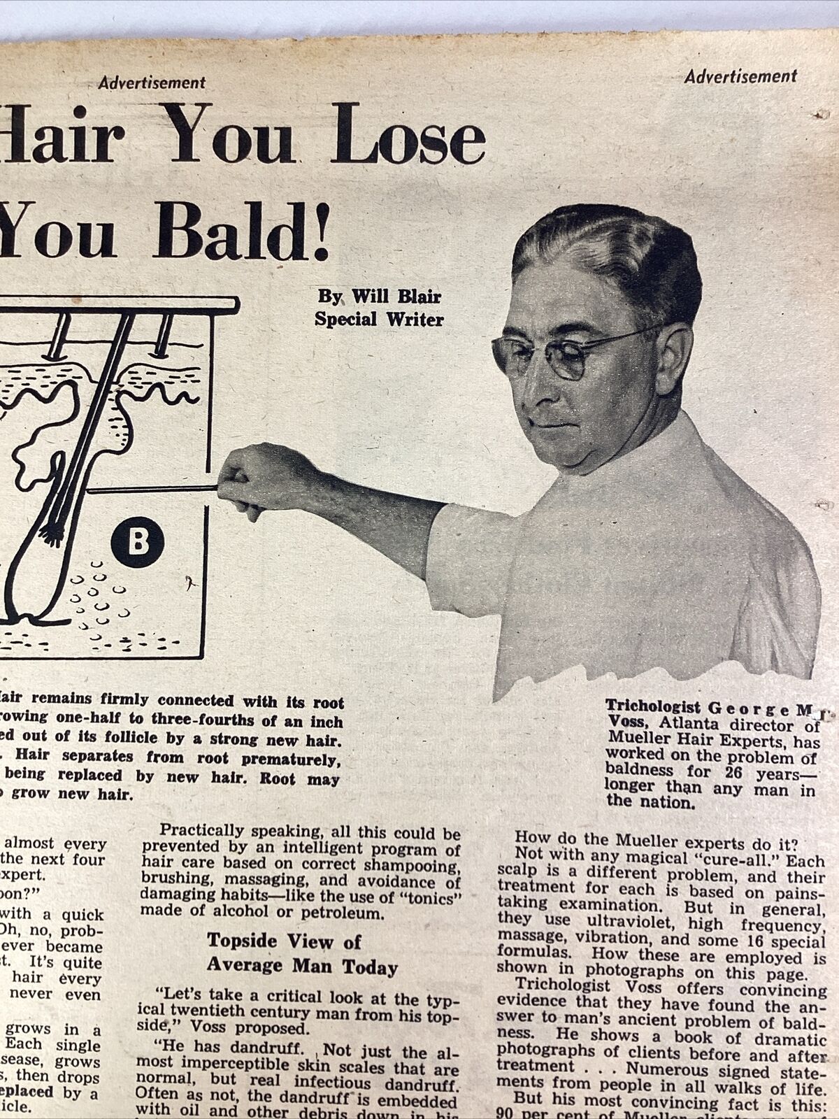 Atlanta GA Print Ad 1952 AJC Mueller Hair George Voss J.A. Thrash Houston Bald