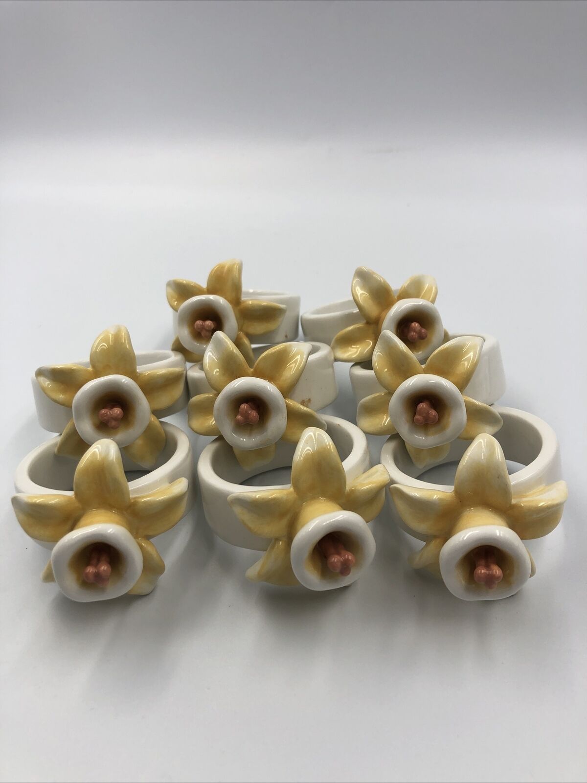 Vintage Lot Of 8 Ceramic Yellow Daffodil Flower Napkin Ring Holders, Spring