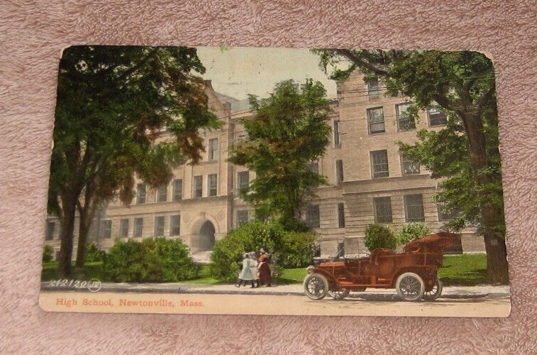 Postcard 1912 Newtonville MA Mass Massachusetts High School Old Touring Auto