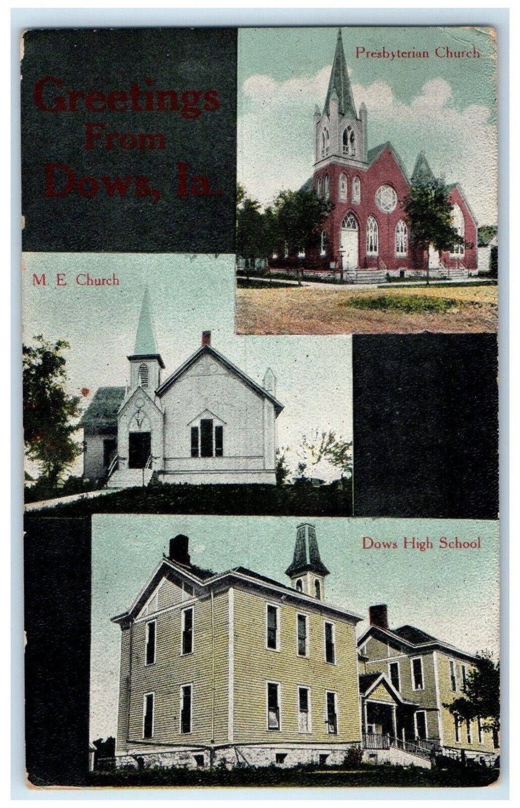 1910 Greetings From Dows Iowa IA Churches Ans School Multiview Antique Postcard