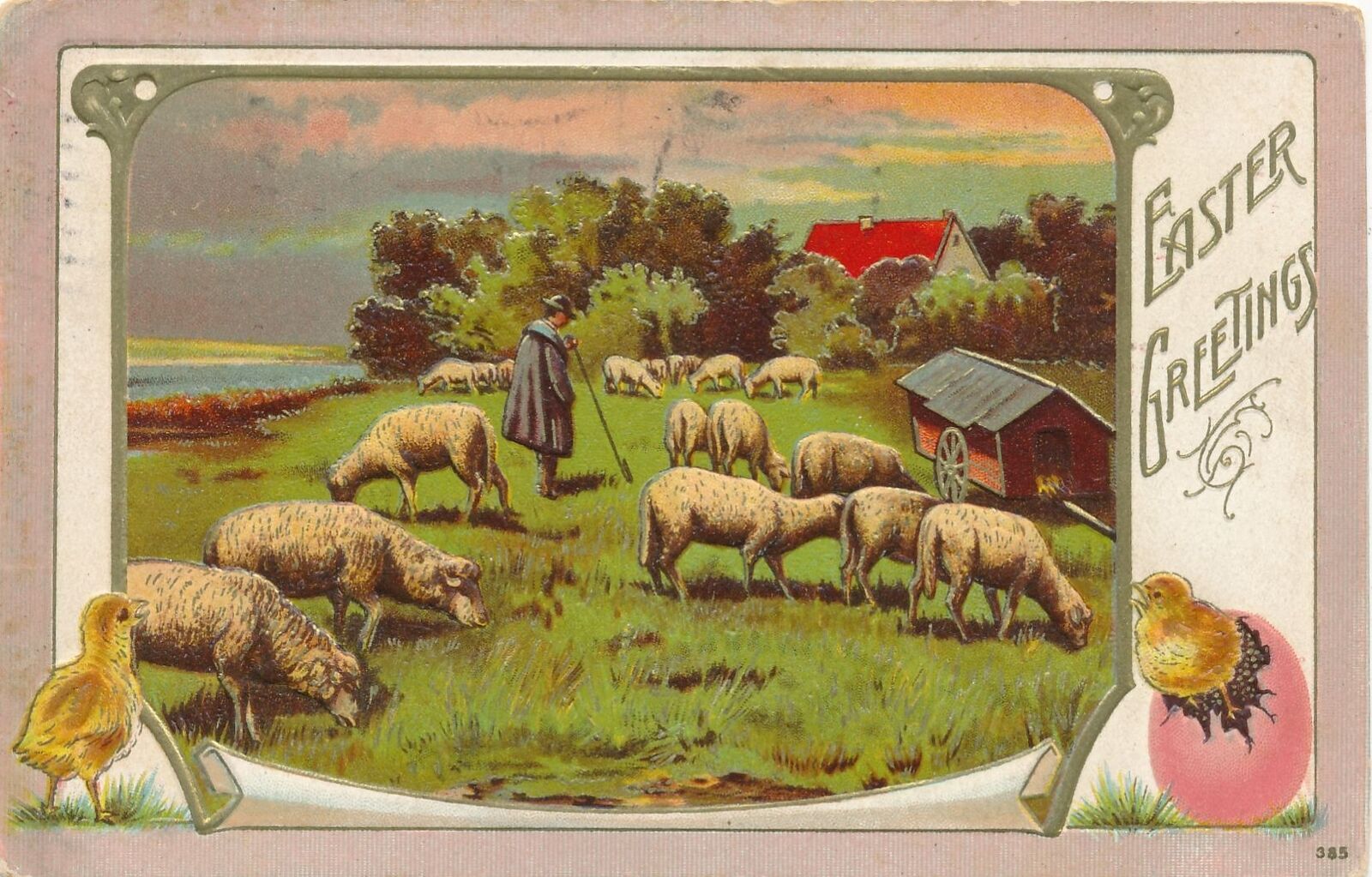 EASTER - Shepherd and Sheep In Field Easter Greetings Postcard - 1911