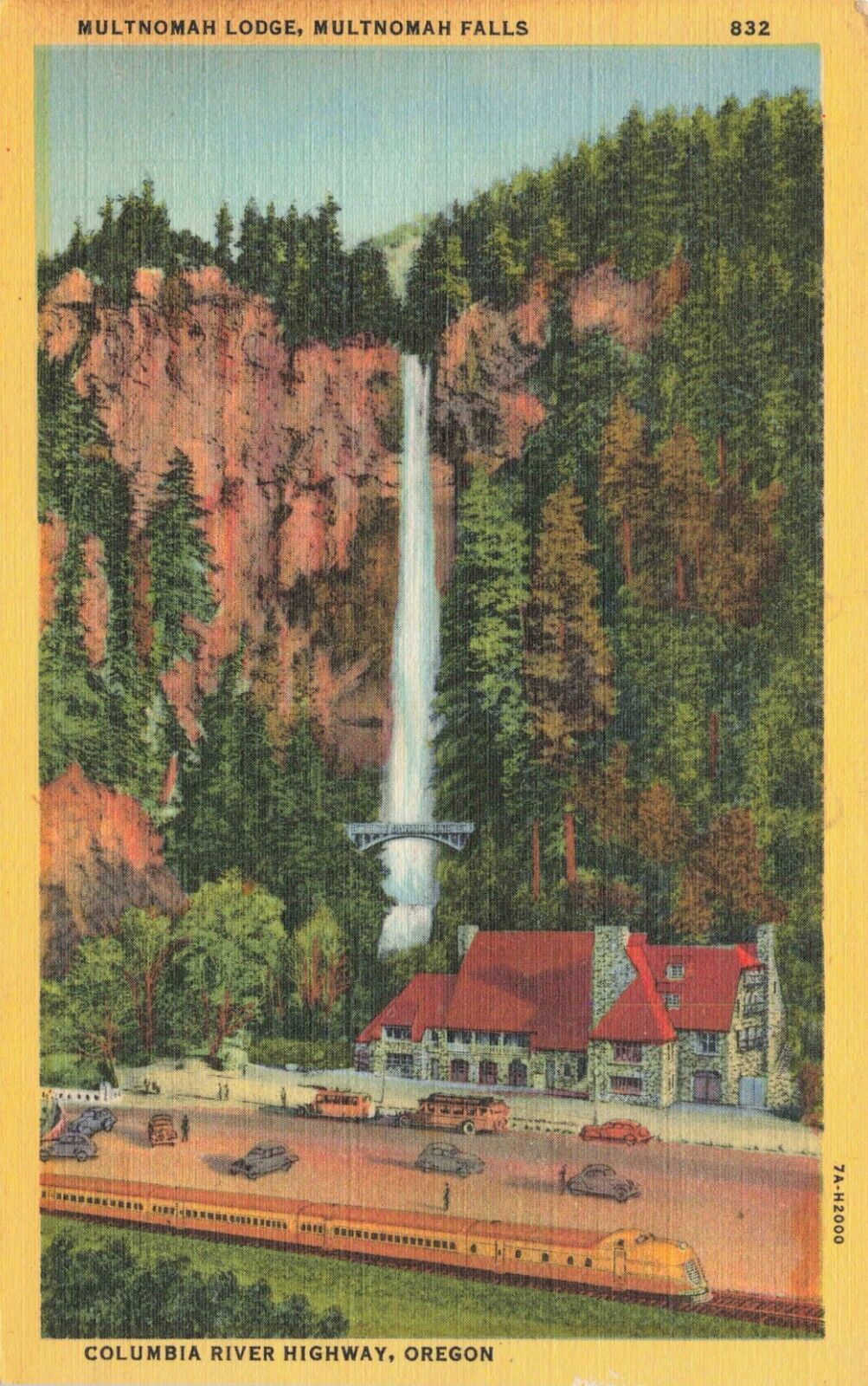 Postcard Columbia River Highway Multnomah Lodge Falls Oregon
