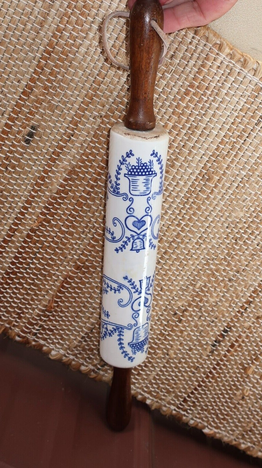Vtg Delft Blue White Porcelain Bells Berries Hearts Rolling Pin Wood Handles