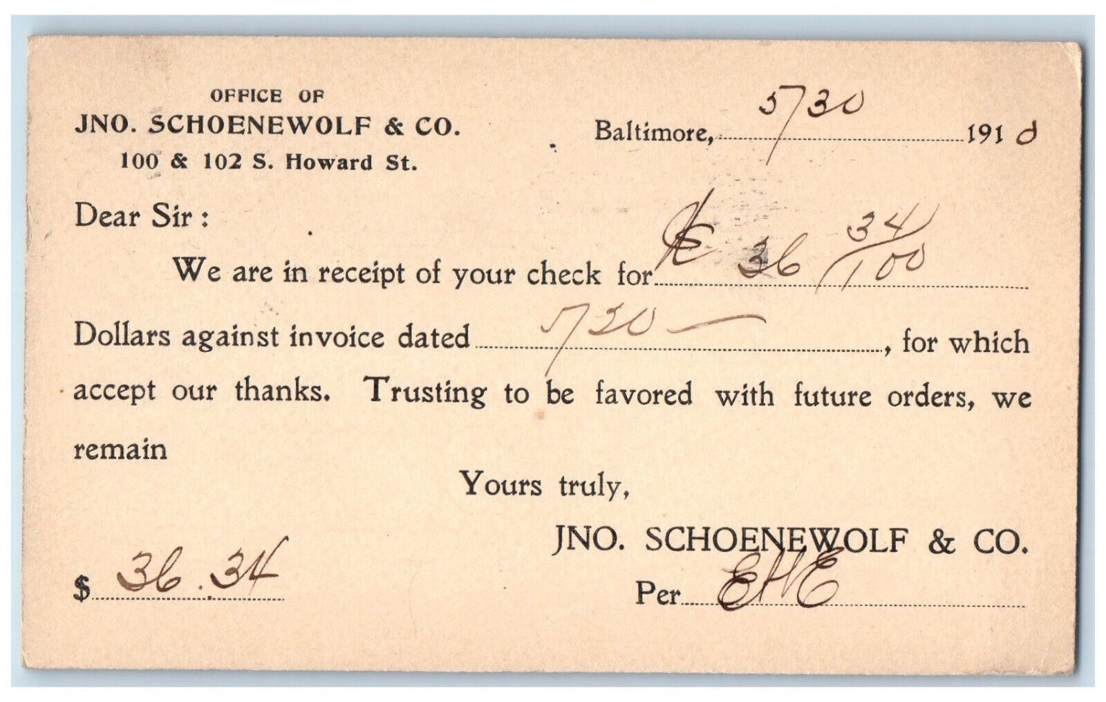 1910 Office of JNO. Schoenewolf & Co. Baltimore Maryland MD Postal Card