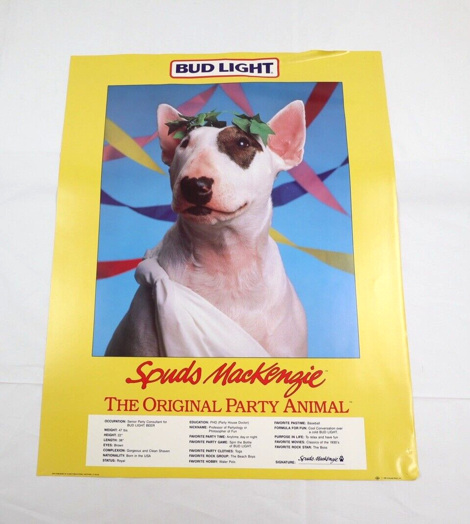 VTG 1986 Bud Light Spud Mackenzie The Original Party Animal Promo Dog Poster