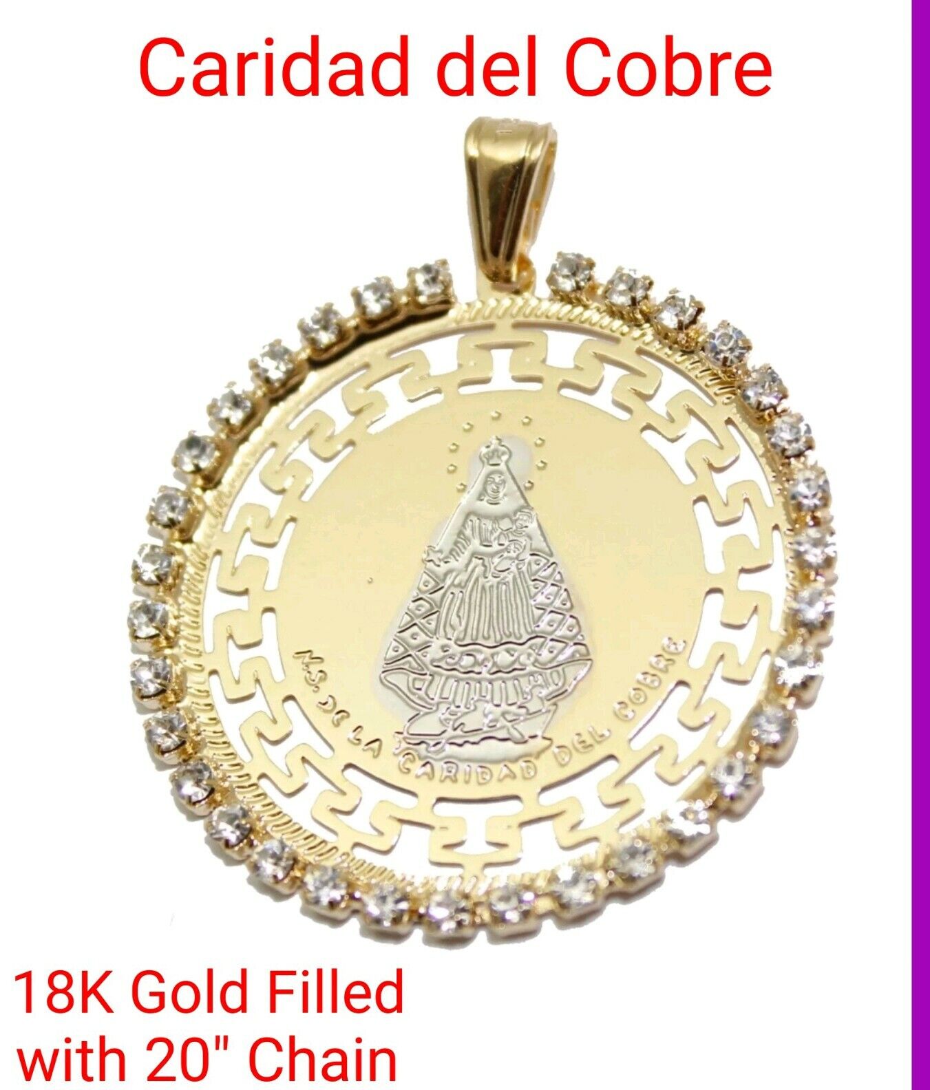 Caridad del Cobre Yoruba Round Medal 18k Gold Plated 20 inch Chain Cuba Charity