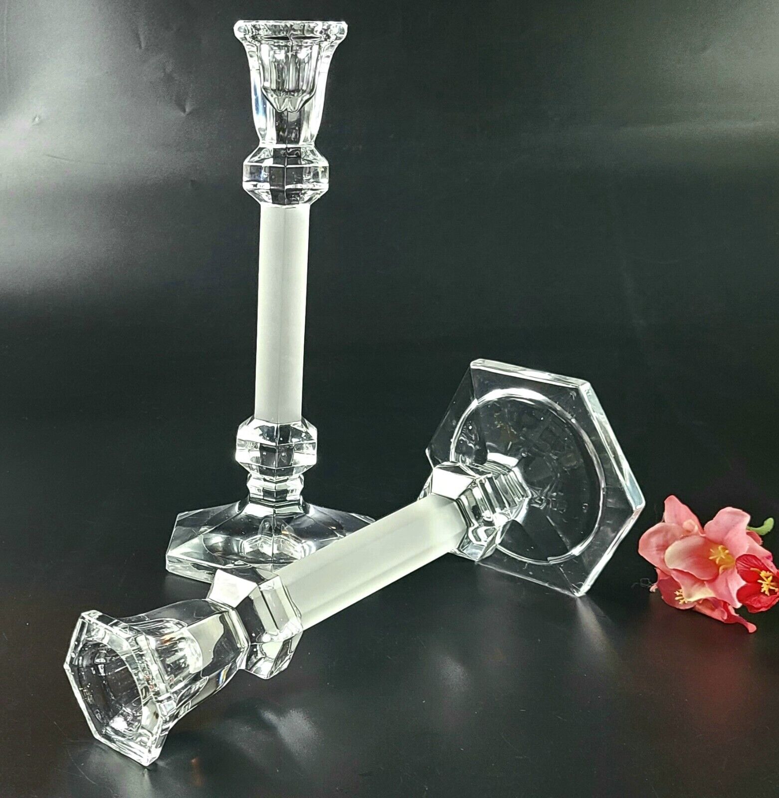 Vintage- Stunning Crystal/ Frosted Glass Candlestick Holders - Pair