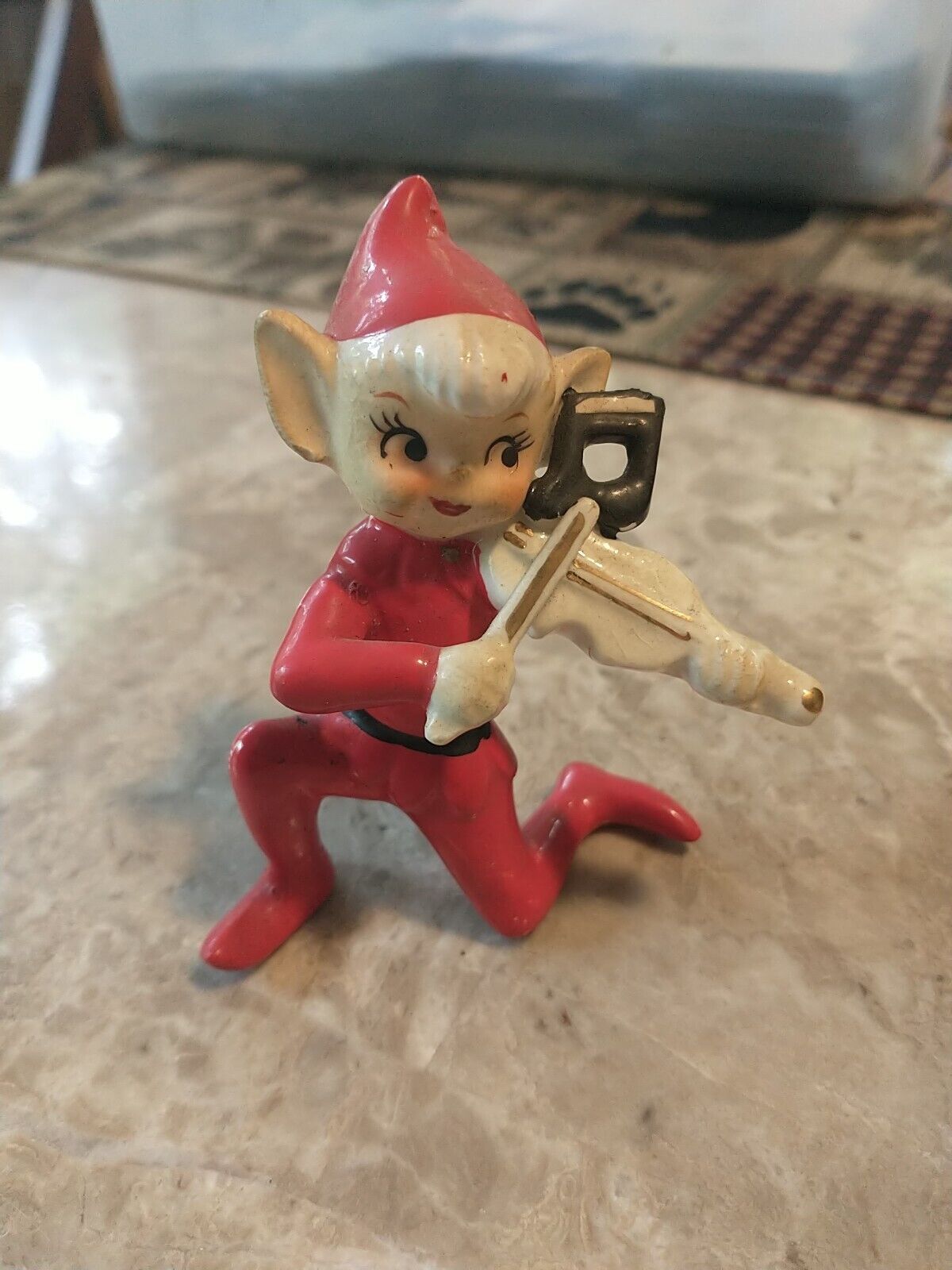Vintage MCM Pixie Elf Red Violin Impish Japan Gnome Ceramic Figurine 1950\'s 