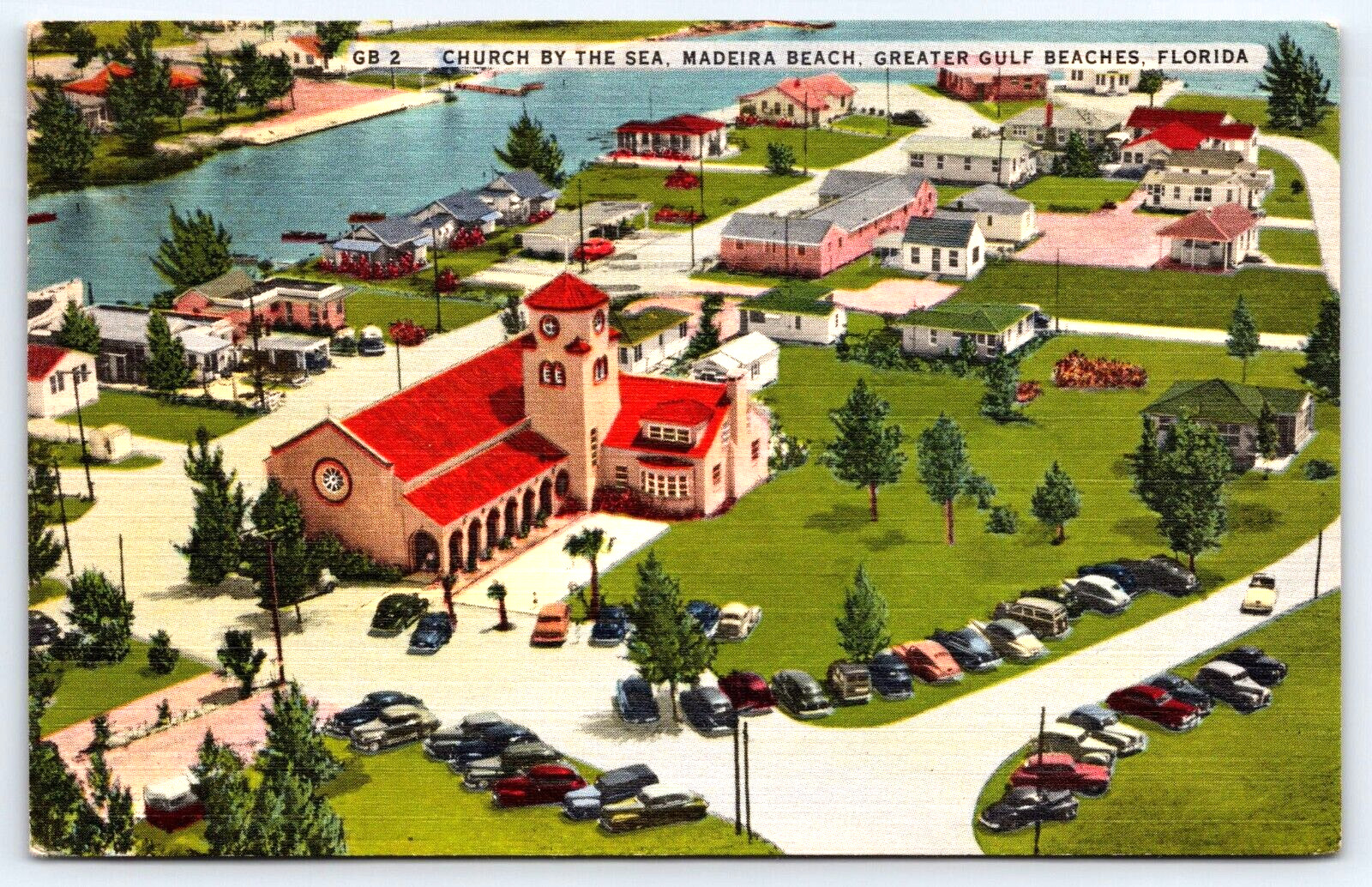 Postcard Aerial View Church By The Sea Florida Gulf Madeira Beach Linen A19