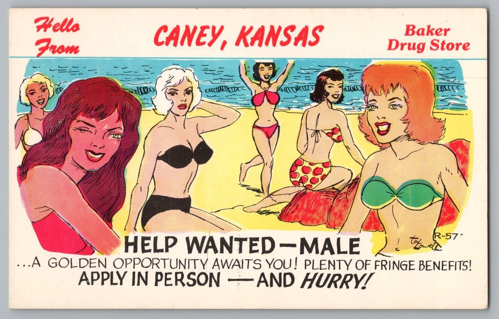 Postcard Advertisement Caney, Kansas Baker Drug Store Pretty Women Beach