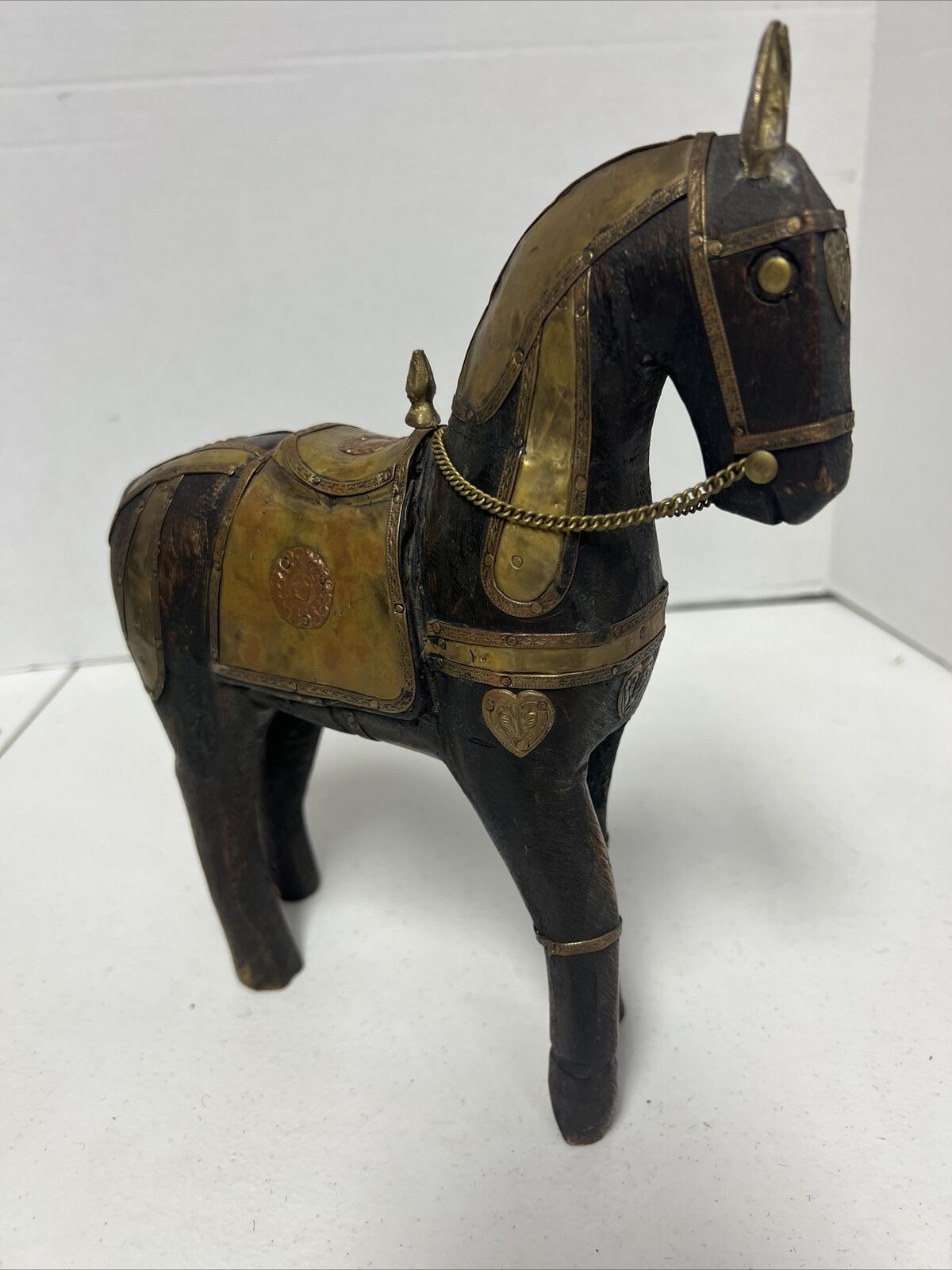 Beautiful Vintage Carved Wooden Horse With Copper Brass Accents