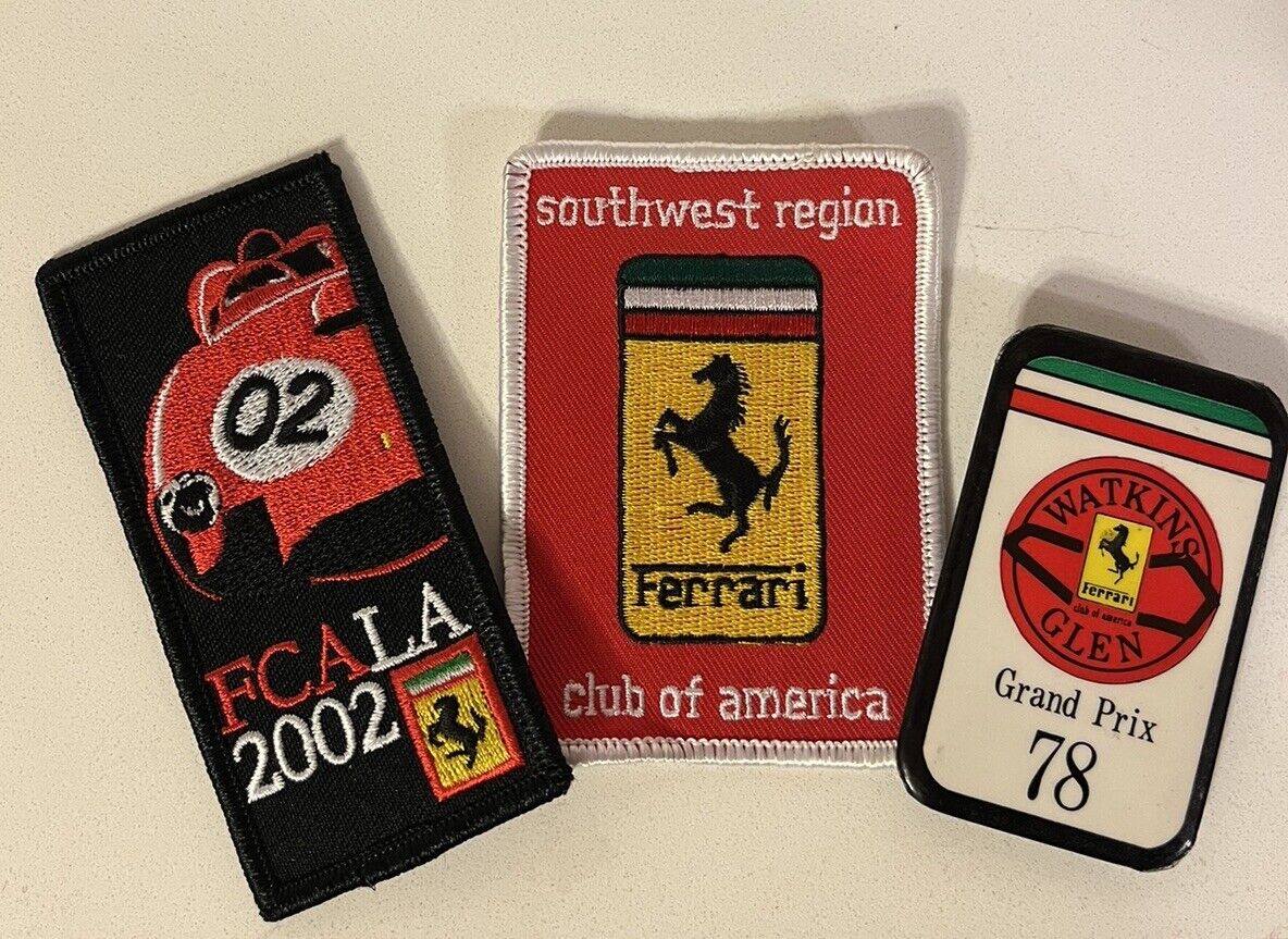 Vintage Ferrari Patches & Pin- SW Region Ferrari, Ferrari Club LA, Watkins Glen