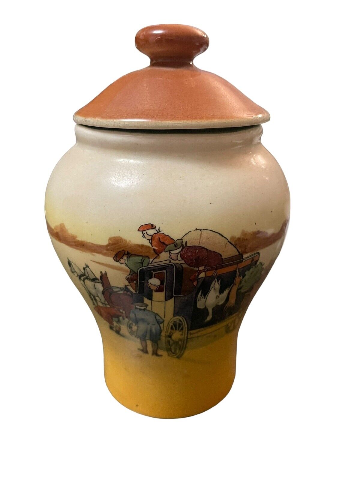 Vintage Royal Doulton Coaching Days RH Macy & Co England Small Vase Jar W/Lid
