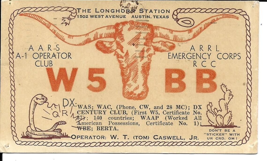 QSL  1942 Austin Texas  W T Caswell   radio card
