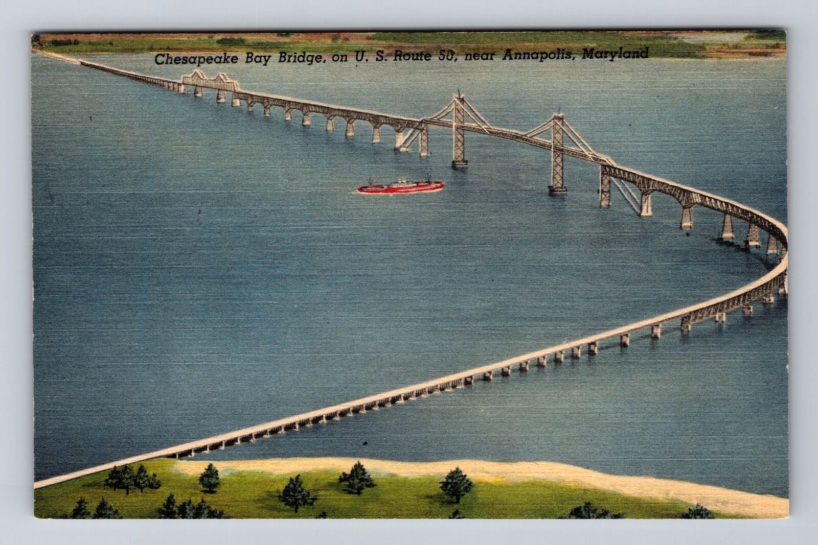 Annapolis MD- Maryland, Aerial Chesapeake Bay Bridge, Antique, Vintage Postcard