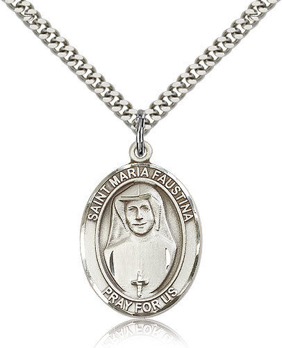 Saint Maria Faustina Medal For Men - .925 Sterling Silver Necklace On 24 Cha...