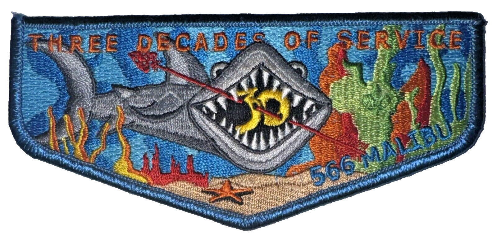 Lodge # 566 Malibu S-17 30th Anniversary Blue Border Shark Themed OA Flap MINT