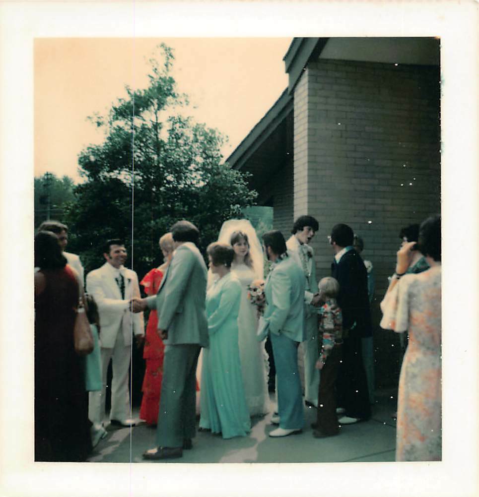 Vintage 1970s Found Photo Church Wedding Day Groom Bride Family Friends #1