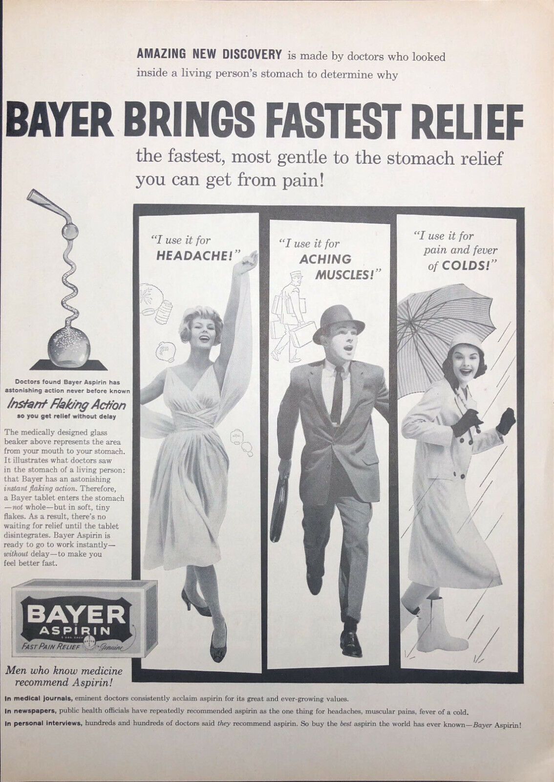 Vintage 1959 Bayer Aspirin Fastest Relief Headaches Aching Muscles Print Ad Art 